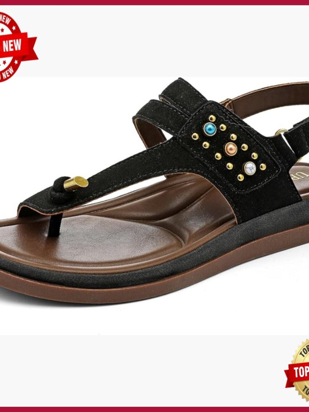 Women's Flat Sandals with Arch Support, Toe Loop, Beaded Boho Style